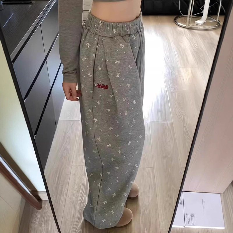 American Style Grey Bow Polo Dot Sports Pants Women's Autumn and Winter fleece-lined Loose High Waist Straight Casual Wide Leg Pants