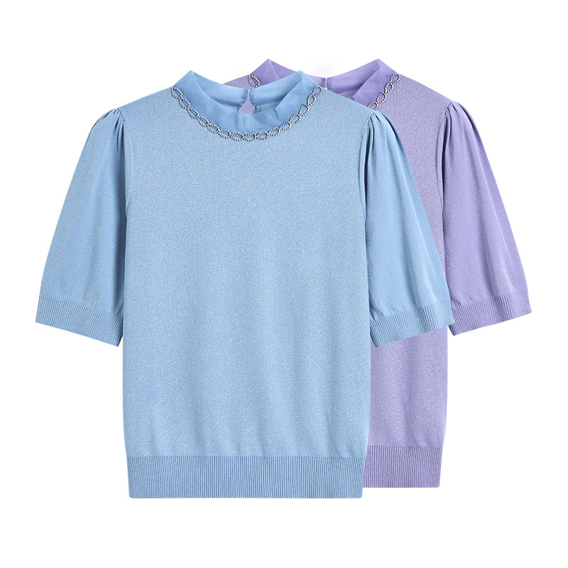 2026 Summer New Style Stand Collar Short-Sleeve Solid Color Knit Top for Women with Unique Design, Rhinestone Embellishments, Casual Versatile Top