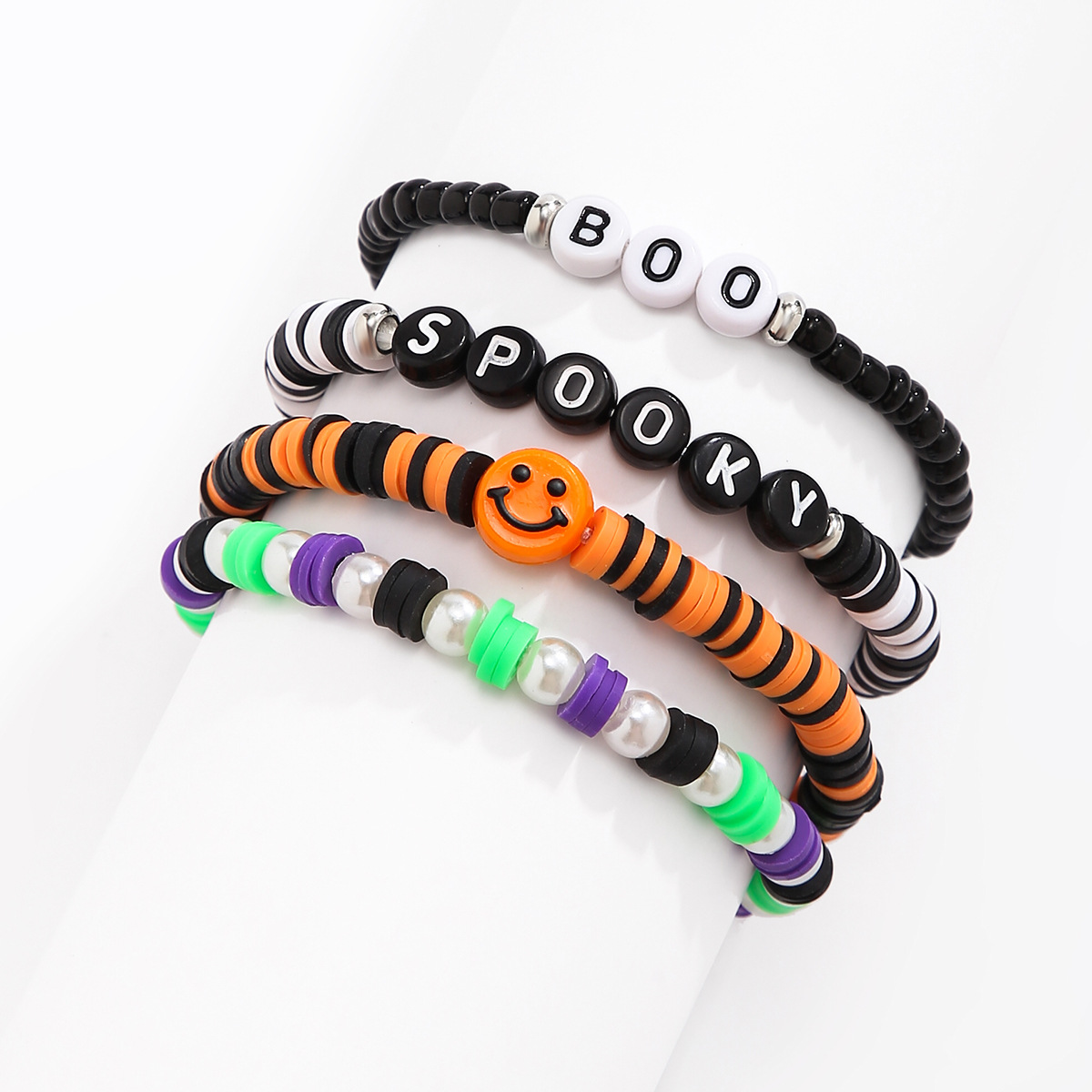 Bracelet de citrouille en perles d'Halloween, ensemble de bijoux de vacances en poterie souple, bracelet en dopamine élastique_voghion.com