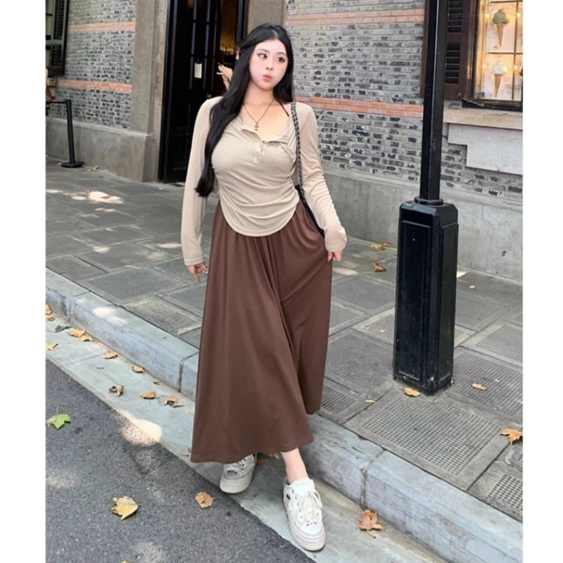 大码胖mm秋季新款甜辣显瘦吊带连衣裙T恤设计感长袖上衣女两件套|undefined