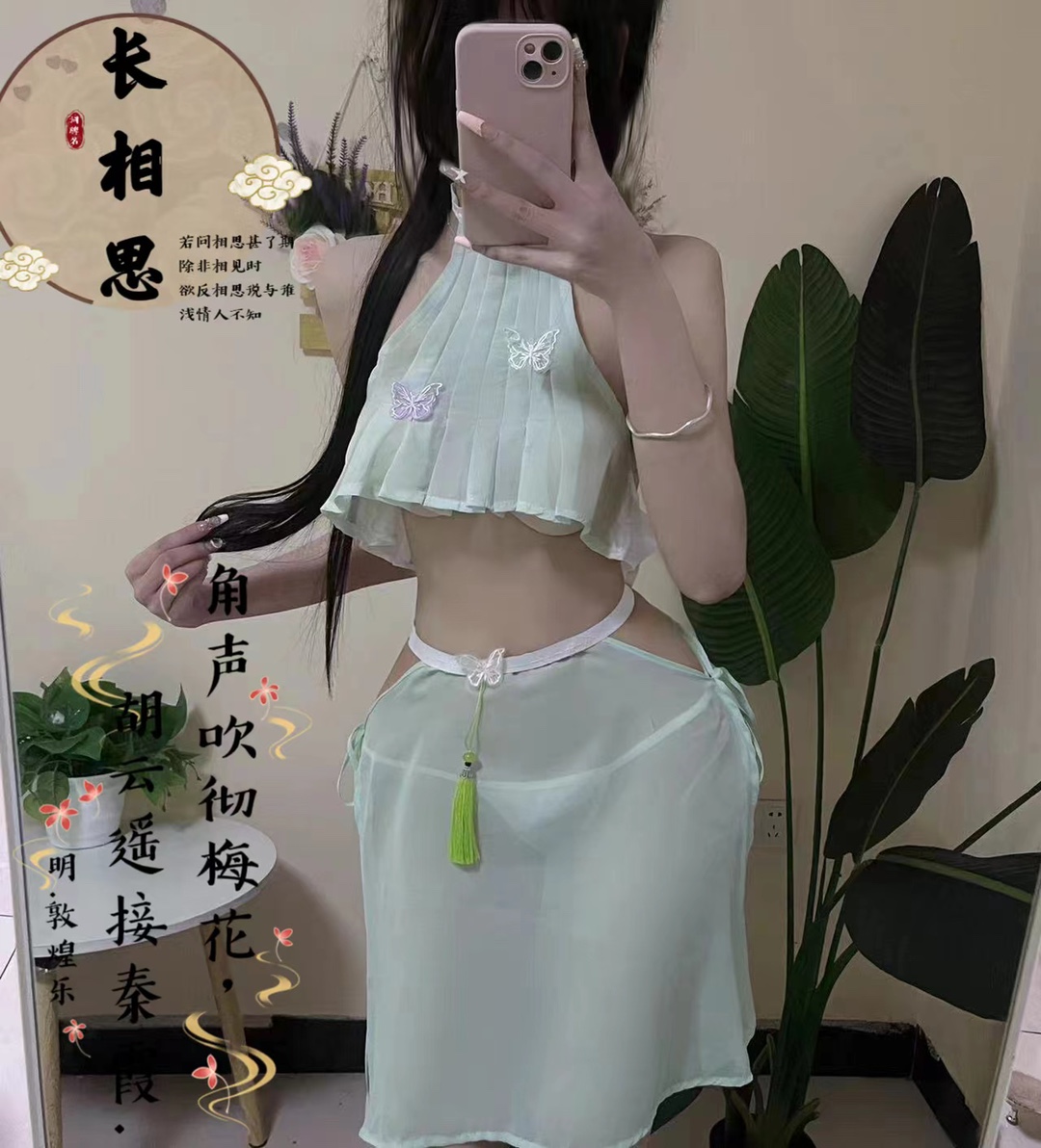 Hanfu-Style Palace Lingerie Set, 3-Piece Halter Tube Top with Skirt and Panties — detail image 6