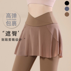 秋冬新款假兩件瑜伽褲 時尚體閒提臀顯瘦高腰網紗彈力緊身運動褲