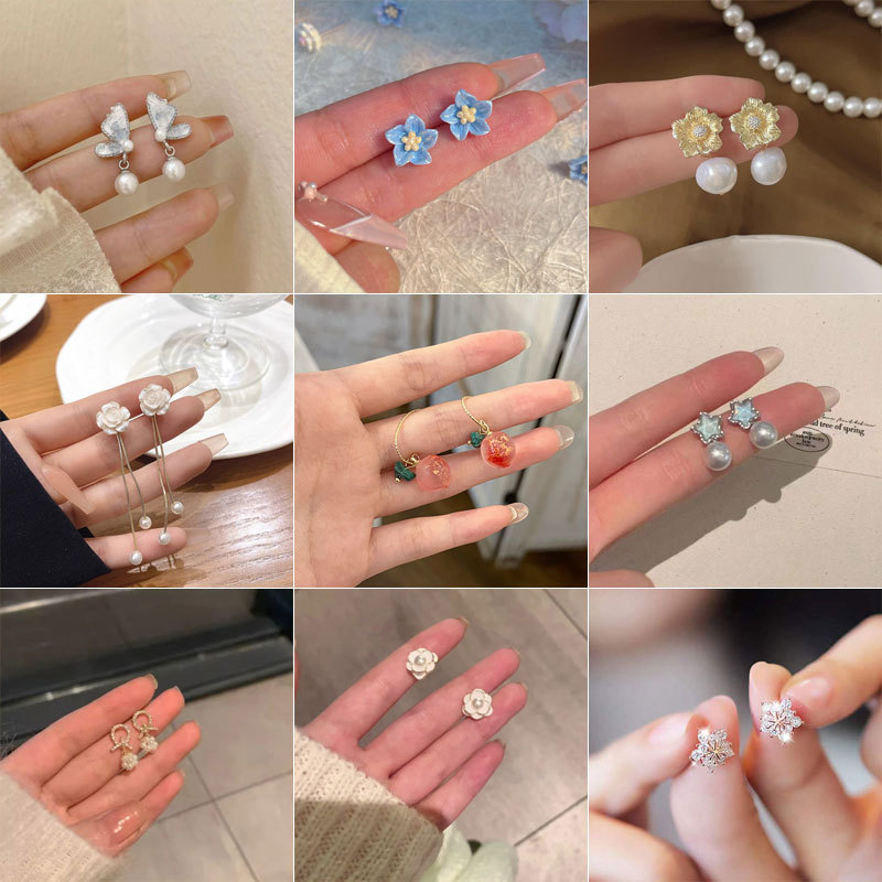 925 silver needle camellia stud earrings female sweet fresh personality all-match fashion butterfly earrings eardrops