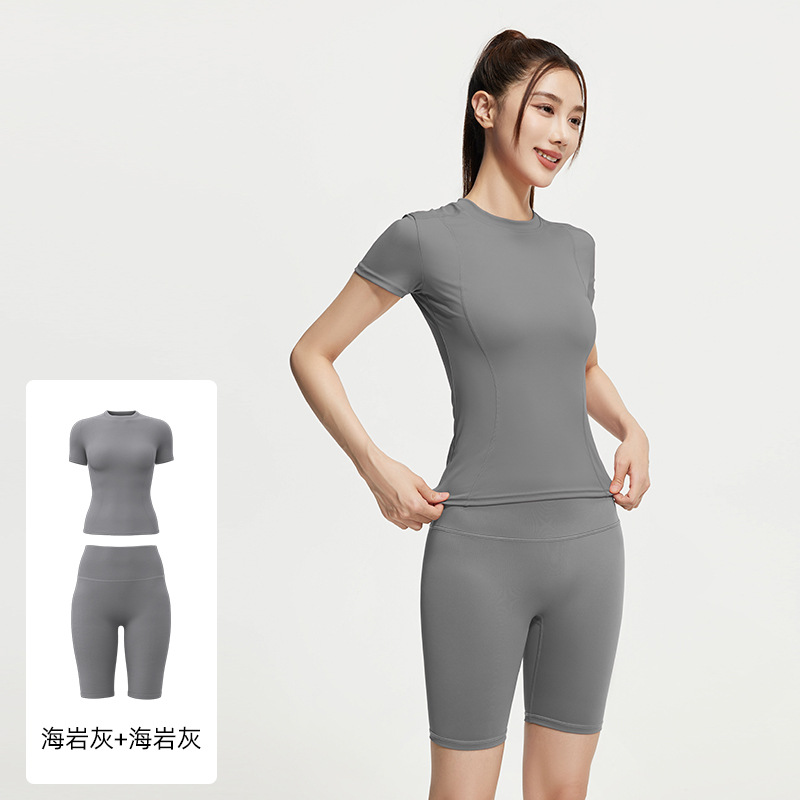Juyi Tang verano yoga camisa de mangas cortas para mujeres delgada secado rápido y transpirable ajuste deportivo para correr y fitness set