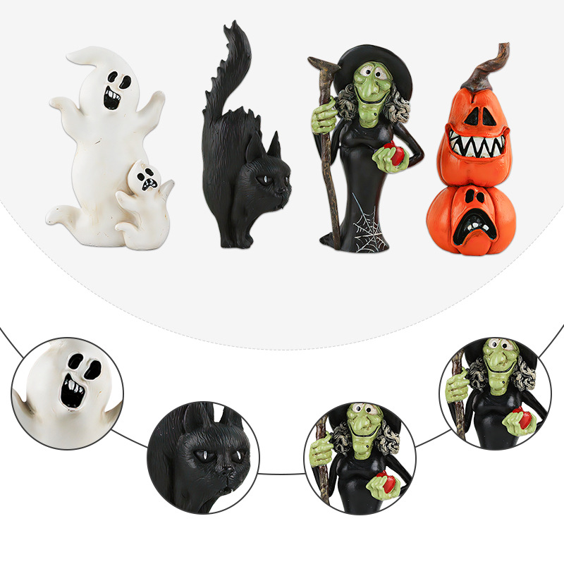  New Halloween Creative Witch Black Cat Pumpkin Head Resin Small Ornaments Desktop Atmosphere Decorations