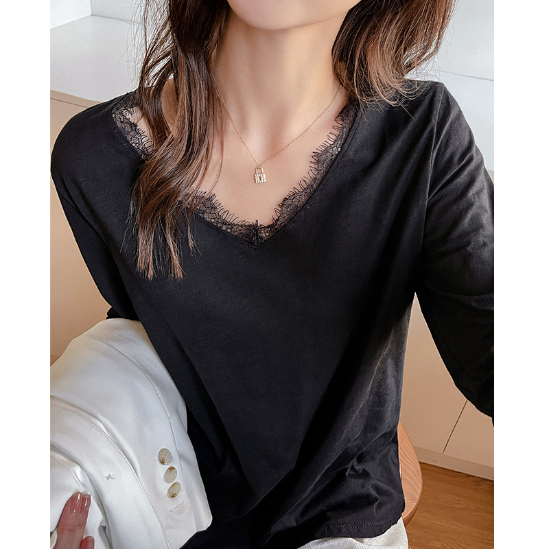 严选早秋纯棉长袖t恤女新款韩系宽松休闲v领蕾丝内搭打底衫上衣