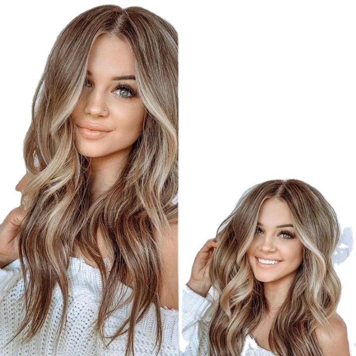 Peluca vendedora caliente transfronteriza europea y americana negro marrón flequillo largo pelo rizado cubierta de cabeza completa natural Peluca de fibra química cabeza completa femenina