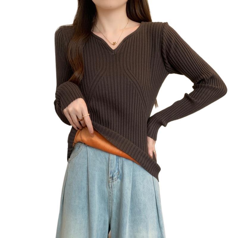 기모 두꺼운 V 넥 니트베이스 셔츠 여성용 가을과 겨울 웨스턴 스타일 내부 스웨터 플러스 사이즈 통통녀 따뜻한 슬림 탑