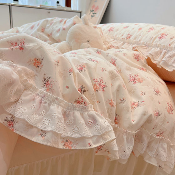 Fairy Ruffled Cotton Four-piece Set Pastoral Floral Fresh Princess Lace Quilt Cover Cotton Korean Ins Bedding