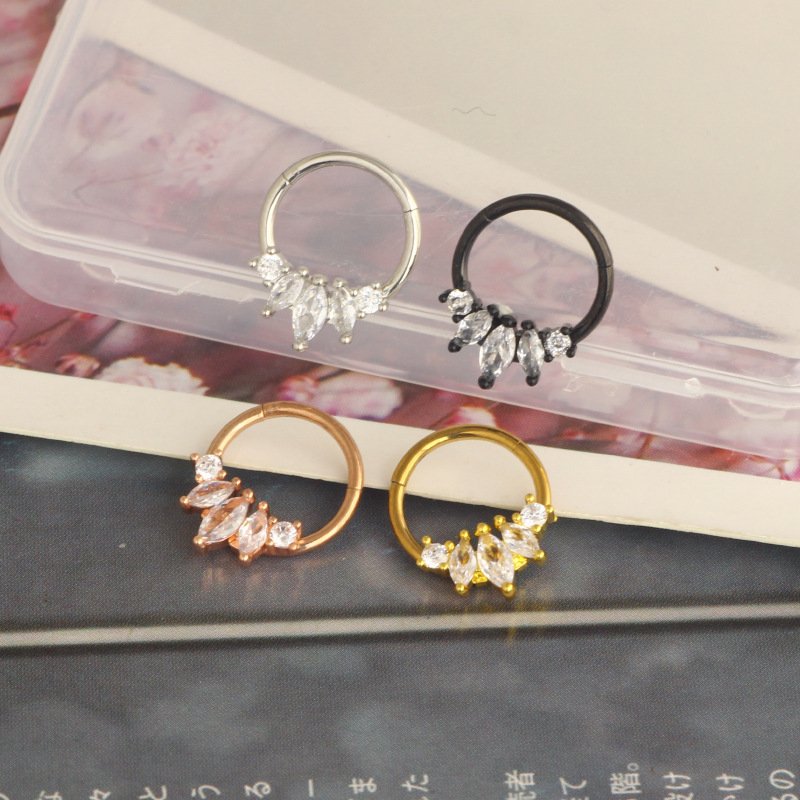 Stainless Steel Closed Ring Human Piercing Cartilage Jewelry Nose Ring Three Flap Flower Micro Zircon Ear Clip Earrings detail image 8