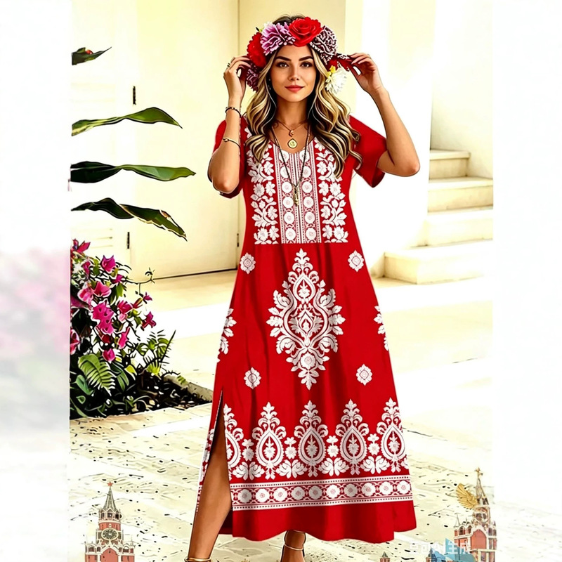 European and American retro ethnic style rose 3D print dress, red and white contrast short-sleeve loose slimming elegant long dress European and American retro ethnic style rose 3D print dress, red and white contrast short-sleeve loose slimming elegant long dress