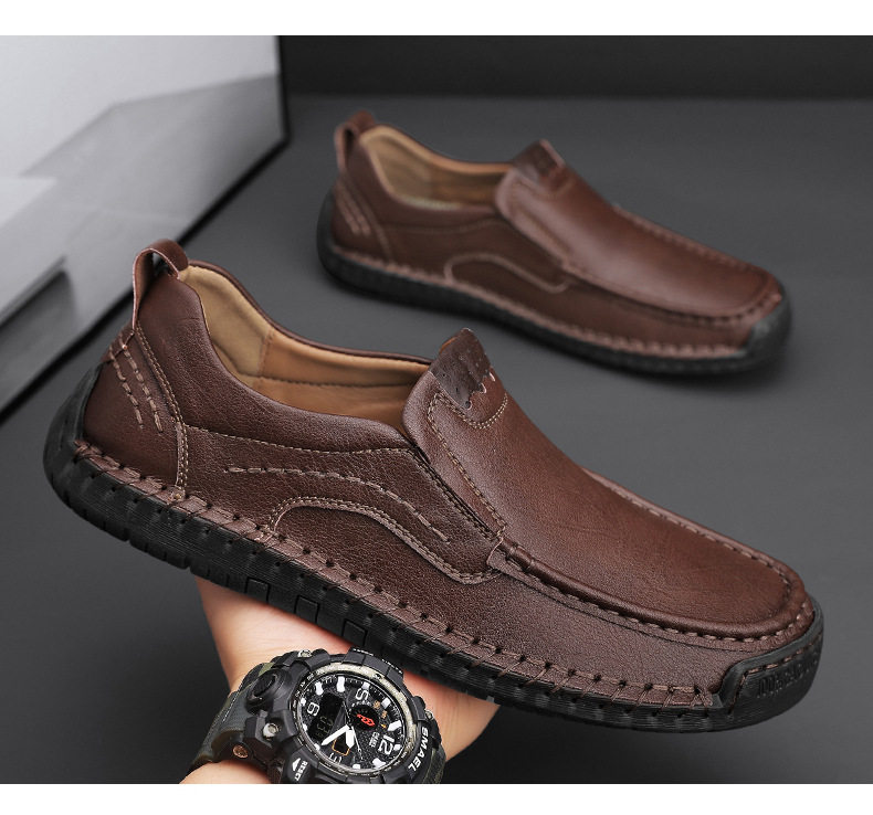 Giày lười nam da bò khâu thủ công cổ thấp mũi tròn, đế bằng — 9914 kaki, 9914 màu đen, 9914 nâu sẫm, Màu xám 9914 chi tiết 24