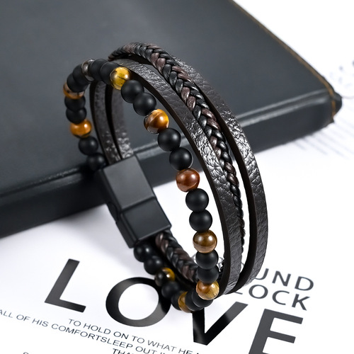 European and American Instagram-style multi-layer woven men's bracelet with natural stone and alloy, men's leather bead bracelet