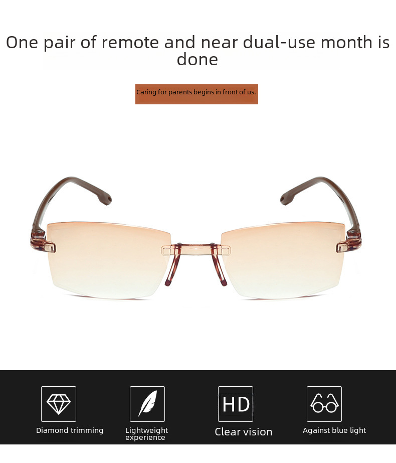 Nové diamantové antimodré brýle s dvojitým světlem presbyopické brýle Bezrámové integrované brýle pro presbyopii s vysokým rozlišením pro dvojí použití na dálku a na blízko_voghion.com