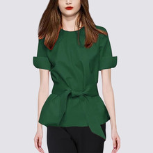 魅斑2021夏季新款设计感短袖圆领收腰衬衫女法式小众别致绿色上衣