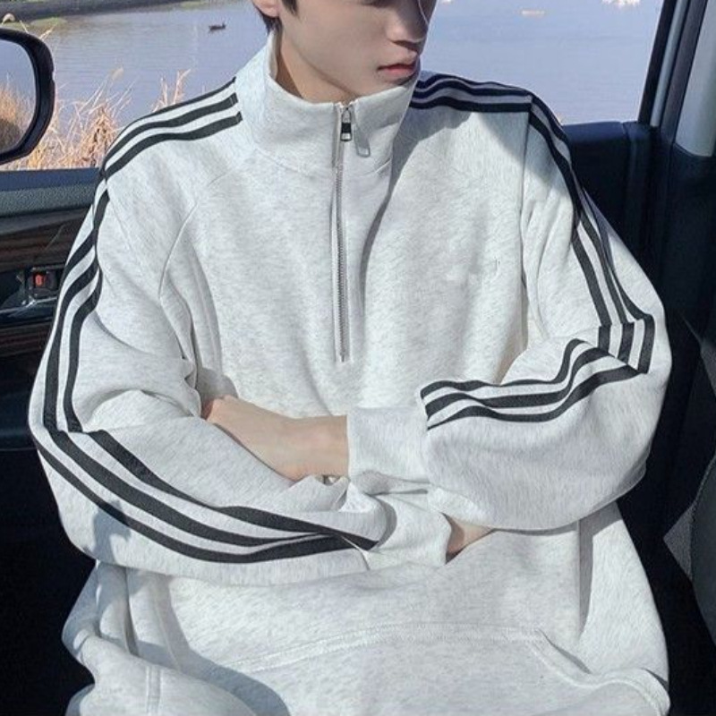Three-stripe stand-up collar sweatshirt, trendy brand, new style for men and women, striped casual loose top, American style, versatile zip-up jacket