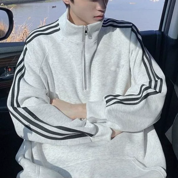 Three-stripe stand-up collar sweatshirt, trendy brand, new style for men and women, striped casual loose top, American style, versatile zip-up jacket