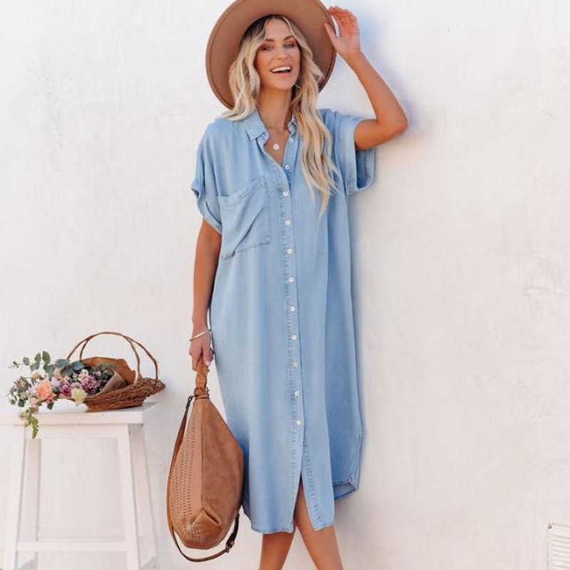 2026 Summer New Cross-Border Women's Clothing Amazon Solid Color Denim Short-Sleeved Long Slit Shirt Dress