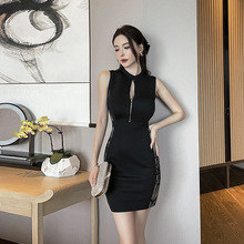 性感立领无袖包臀女短裙气质显瘦蕾丝紧身连衣裙夜总会沐足技师服