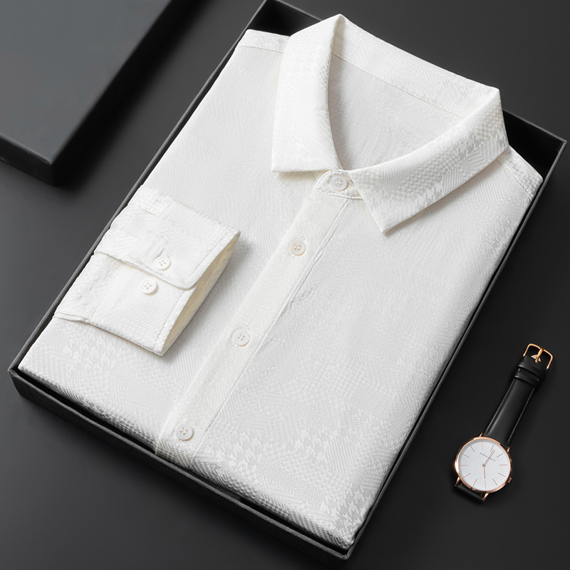 Áo sơ mi nam dài tay lụa tơ tằm cao cấp họa tiết jacquard không cần ủi — CS13 trắng