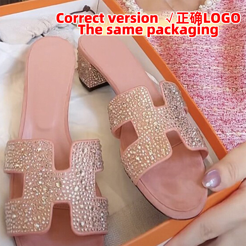 Trendy pink rhinestone high-heeled H-shaped sandals for women, summer outdoor wear, chunky heel, cross-border foreign trade, rhinestone slip-on sandals Trendy pink rhinestone high-heeled H-shaped sandals for women, summer outdoor wear, chunky heel, cross-border foreign trade, rhinestone slip-on sandals