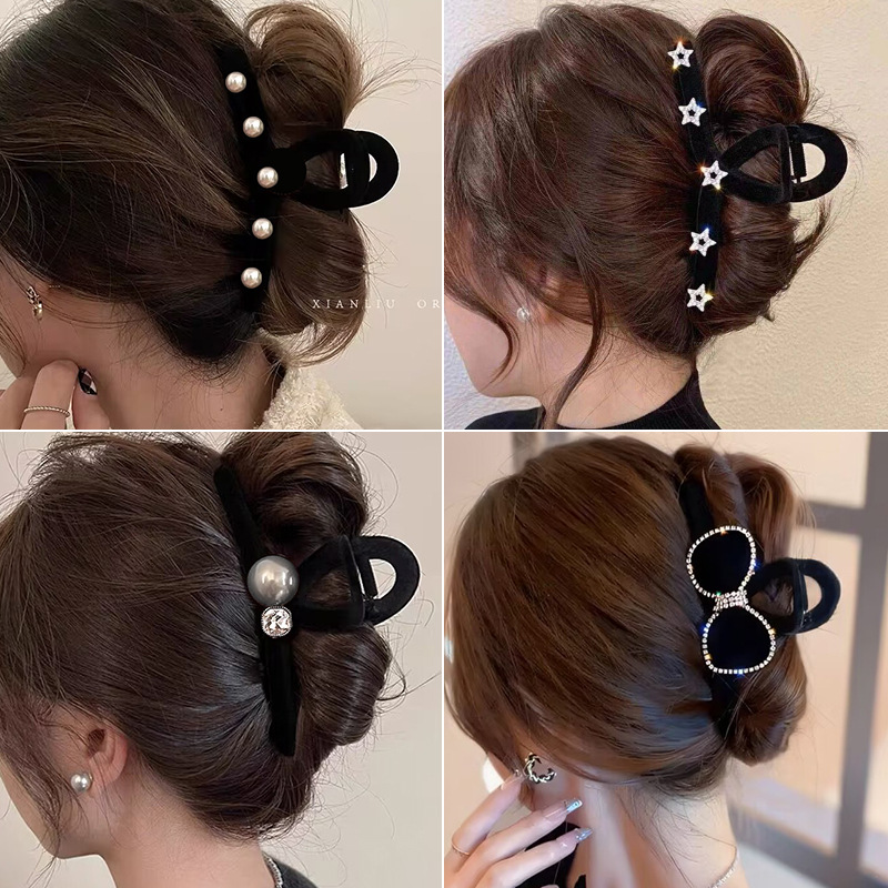 premium black flocking large grip elegant barrettes back head updo shark clip hair volume more than hair clip headdress