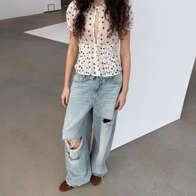 Cross-Border European and American Za Foreign Trade Ra Wholesale Washed Ripped Jeans for Women Baggy Straight High-Waisted Denim Pants for Women Cross-Border European and American Za Foreign Trade Ra Wholesale Washed Ripped Jeans for Women Baggy Straight High-Waisted Denim Pants for Women