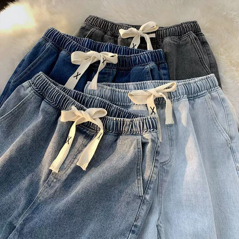Джинсы Tide, осенние брюки с шнурком, эластичная талия, свободный прямой покрой, оверсайз