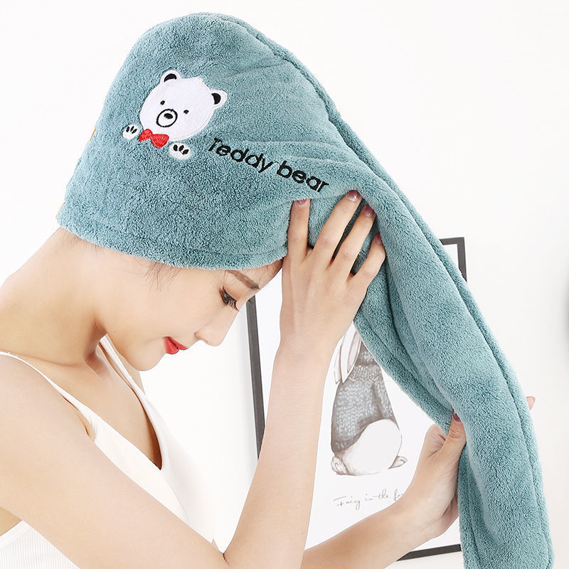 Women's Double-Layer Thickeneded Hair Drying Cap, Super Absorbent Hair Towel, Turban, Embroidered Cartoon, Cute Dormitory Goodies