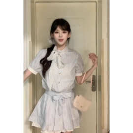 韩系学院风条纹衬衫连衣裙子女夏季2025新款miu系收腰小个子短裙