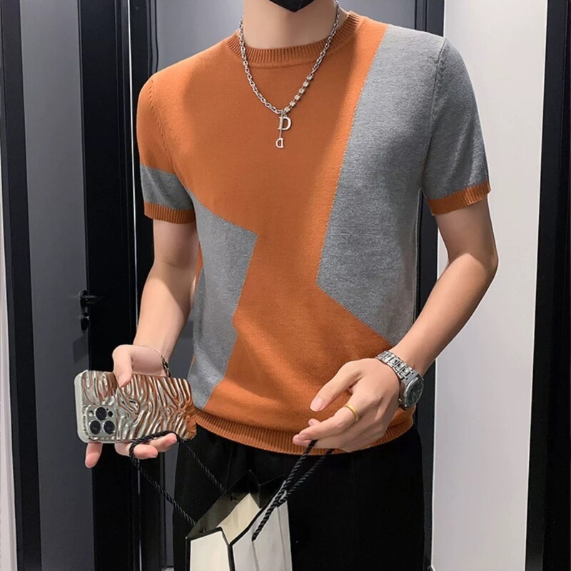 Slim-Fit New Men's Short-Sleeve Knit T-Shirt, Trendy Summer Top with Round Neck, Suitable as a Base Layer