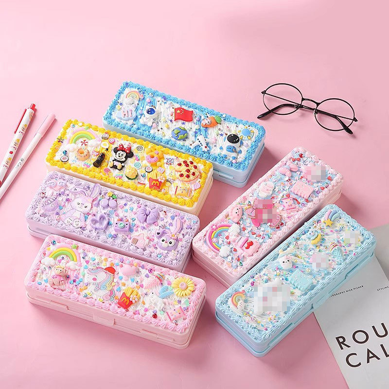 Double layer stationery box children's cream glue handmade diy pencil box material package primary school students birthday gift wholesale