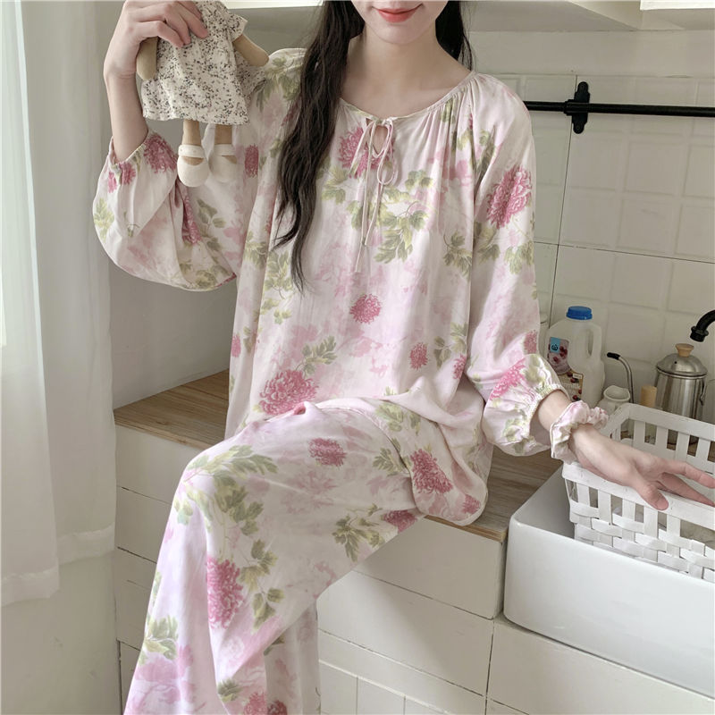 Cotton Silk Pajamas Women's Spring and Summer New Plus Size Long Sleeve Printed suit Internet Celebrator Live Style Rayon Home Clothes Autumn