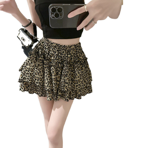 Summer Sexy Leopard Print High-Waisted Skirt for Women, Slimming and Puffy, Short Hem Skirt with Elastic Waist, Petite and Pleated Skirt