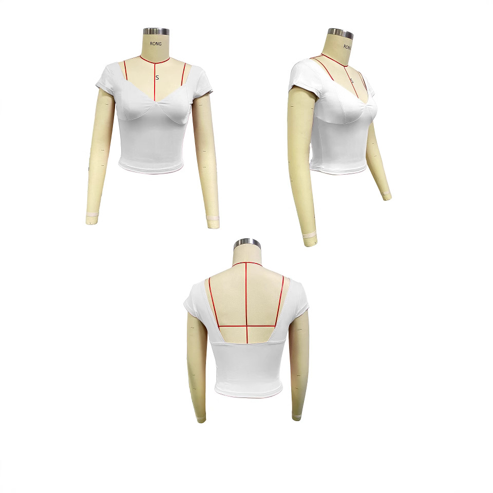 Ropa Y2K para Mujer, Comercio Exterior, Amazon, Top Corto Sexy con Escote en V, Color Sólido, Ajustado, Camiseta de Manga Corta image 4