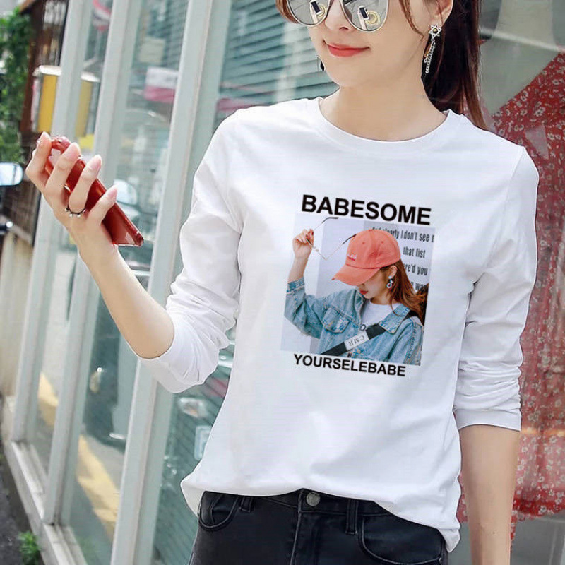 【店铺热销】白色长袖T恤女士新款内搭打底衫春季上衣服女衫秋冬