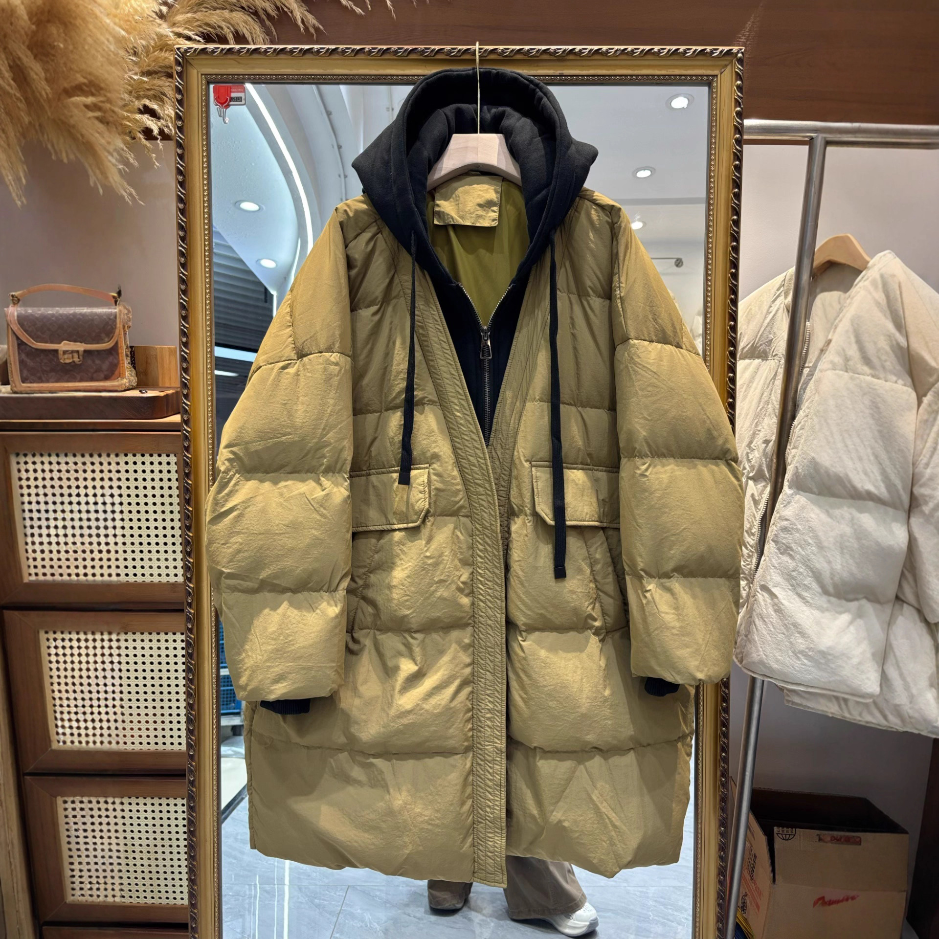 2025 Winter down Jacket Women's Mid-Length Large Size Hooded Fake Two-Piece Loose Slimming Look Casual Contrasting White Duck down Jacket