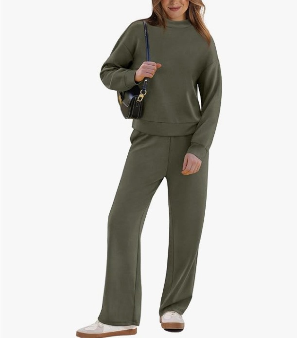 Women's Casual Suit Long sleeved Wide leg Pants Two piece Set Army Green - Shop at LoveMi