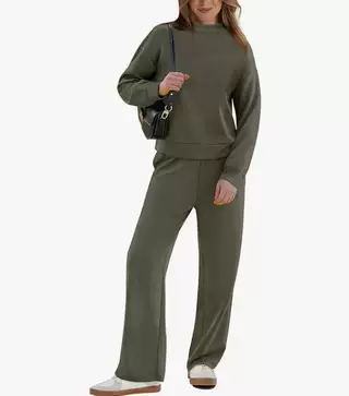Women's Casual Suit Long-sleeved Wide-leg Pants Two-piece Set - Army Green - View 1