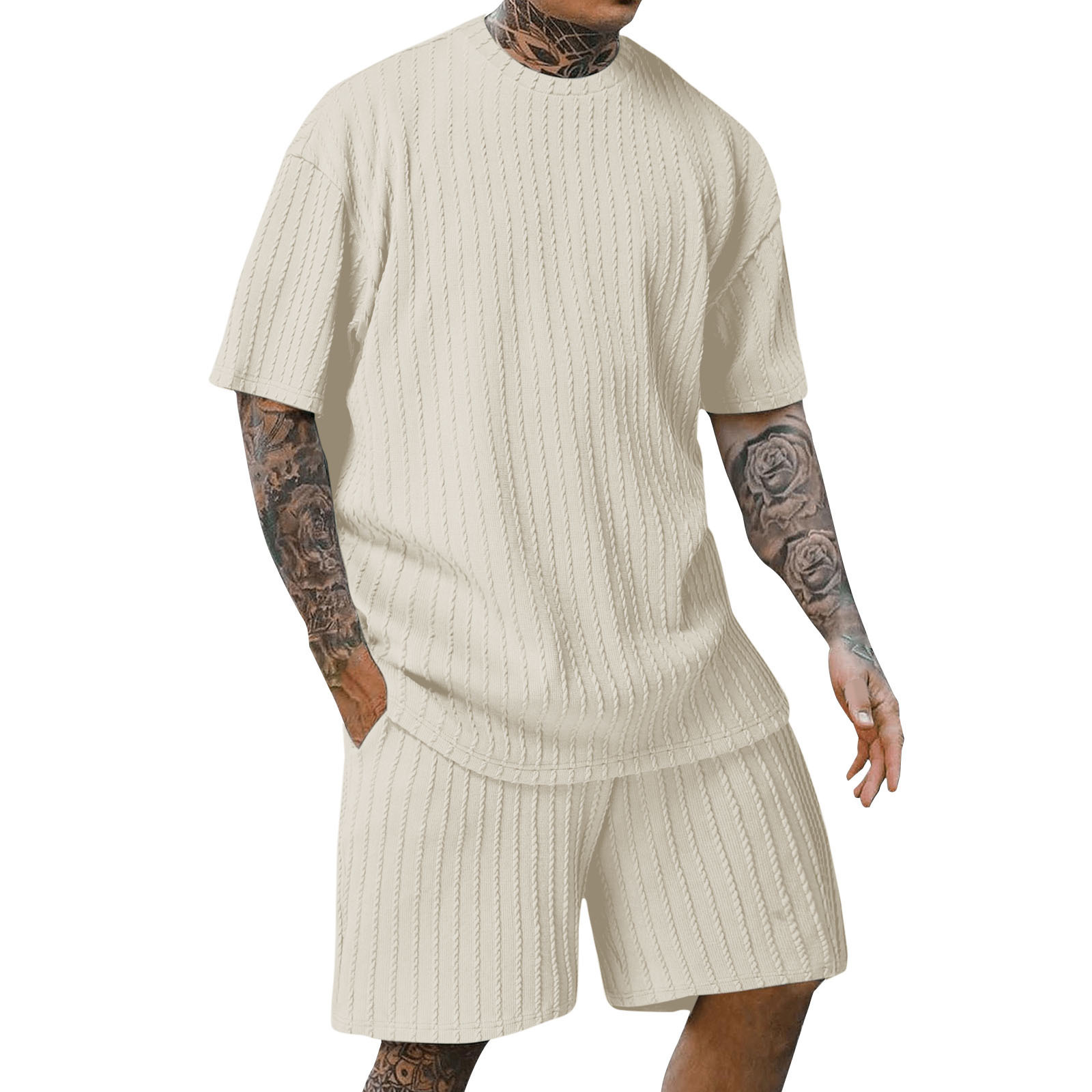 Abbigliamento da uomo, nuovo e più venduto, maglione sportivo da uomo a tinta unita con scollo rotondo e righe verticali, pantaloncini, maniche corte, abito a due pezzi_voghion.com