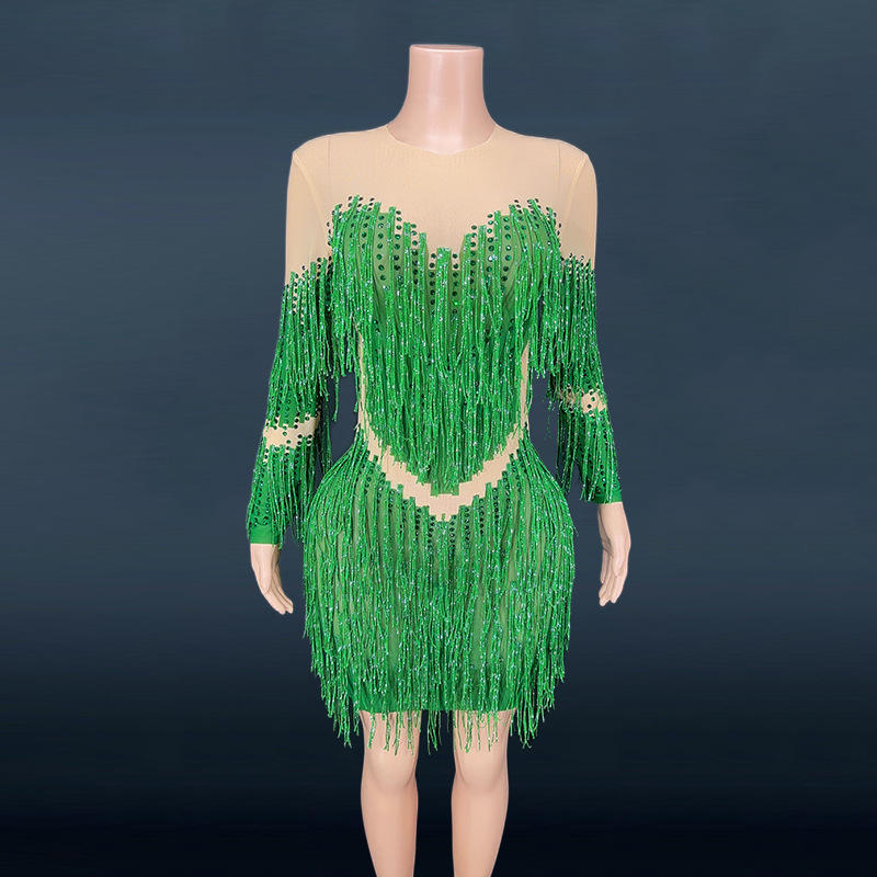 Women Dress Rhinestones Tassel Emerald Green Evening Dress Party Prom Costume Dance Latin Skirt Competition