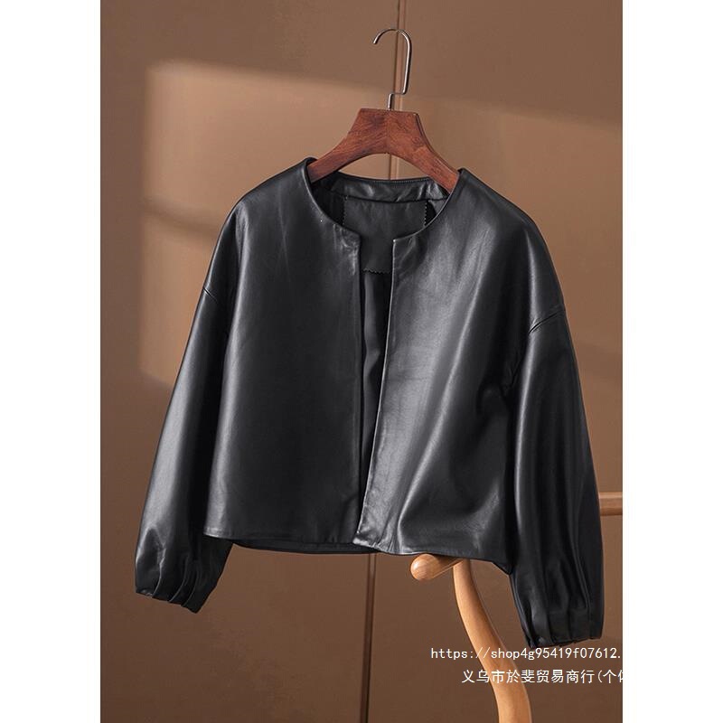 2026 Autumn New Loose Slimming Round Neck Lantern Sleeve Women's Short Leather Jacket