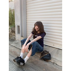 レトロウォッシュデニムミッドパンツ女性用2025年夏新作小柄ルーズストレート5点ワイドレッグパンツ