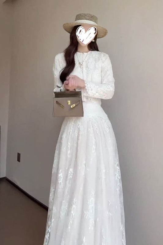 法式气质小香风圆领蕾丝镂空长袖盘扣上衣花边半身裙女长裙两件套|undefined