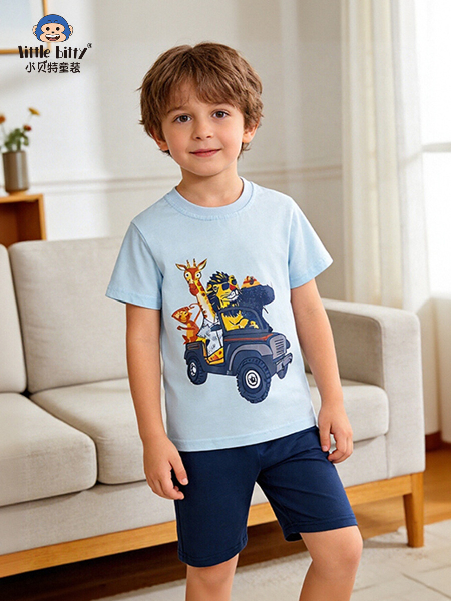 European and American Cross-Border 26-Year Spring/Summer Children's Short-Sleeve Set with Cartoon Animal Print, Round Neck Two-Piece Set, In-Stock Clothing