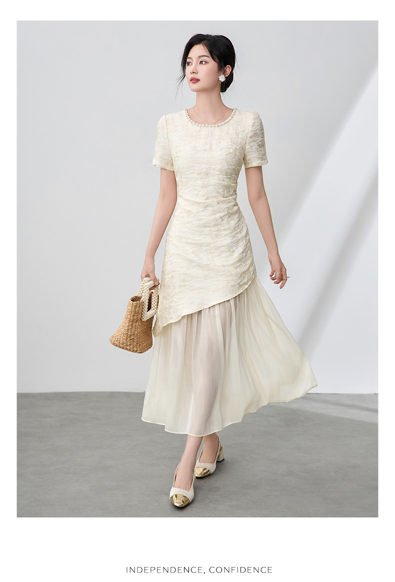 Váy maxi nữ cổ tròn đính cườm họa tiết bướm jacquard phong cách Trung Quốc — Màu đen chi tiết 18
