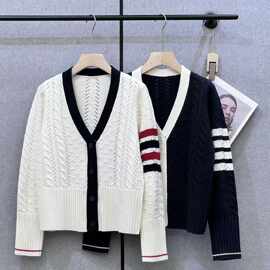 深圳南油25早春新款TB家撞色复古袖身条纹镂空圆领羊毛针织开衫女