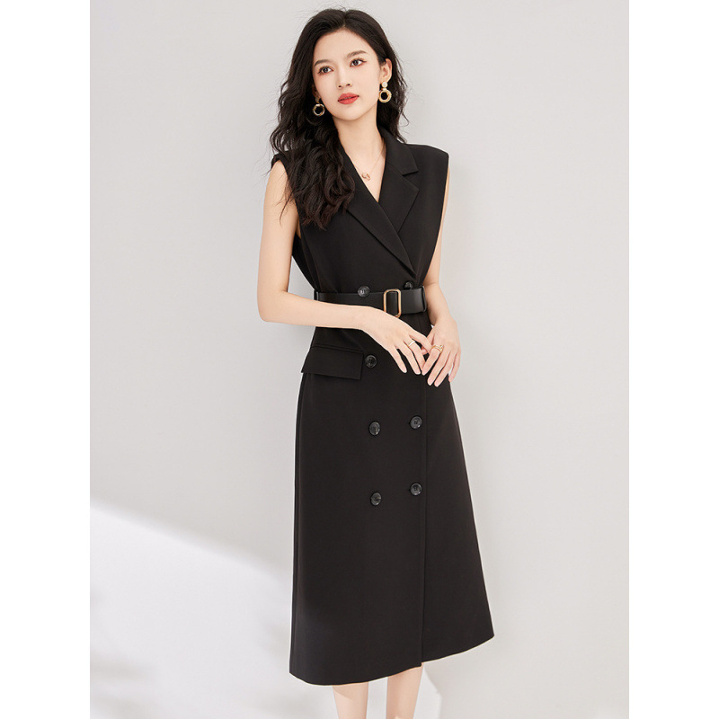 Spring and Autumn New Style Simple and Elegant Commuter-Friendly Versatile Slim-Fit Sleeveless Blazer Dress with a Cinched Waist and Mid-Length Skirt
