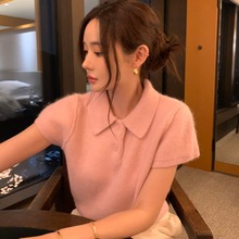 韩国chic早春新款气质简约翻领短袖针织衫上衣