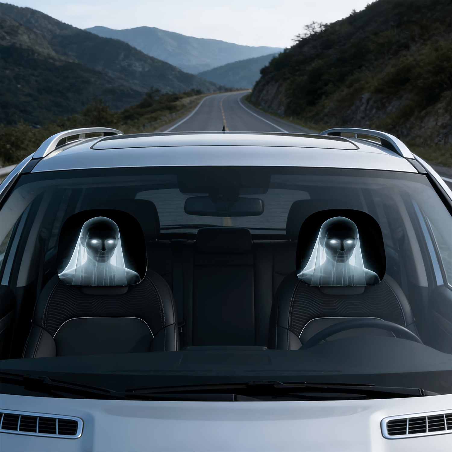 Car Headrest Cover with Ghost Bride and Glowing Eyes, Personalized Print, Universal for Car Interiors, Can Be Labeled and Shipped on Behalf of Others, Made According to Your Image